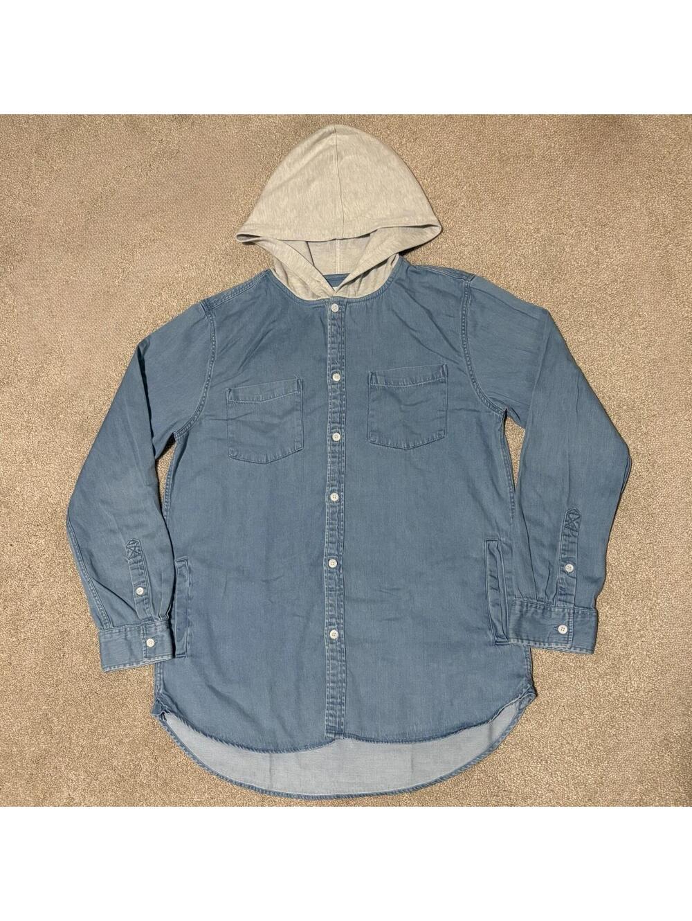 Modern Amusement Mens Denim Shirt Hooded Shacket Button Up Cotton Blue, Sz L